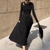 Vintage Schwarz Kleid Frauen Herbst Winter Elegante Dünne Aushöhlen Gestrickte Lange Hülse O-ansatz Lange Kleider Büro Dame