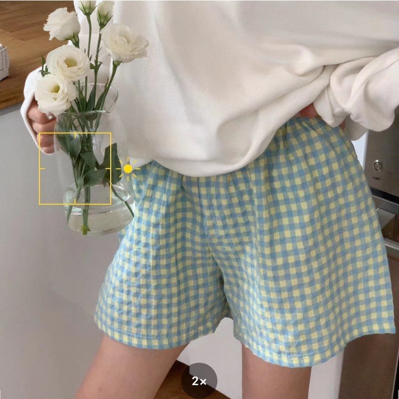 Summer Home Checkered Small Floral Shorts Thin Fresh Sports High Waist Thin Wide Leg Loose Casual Pajama Pants Women