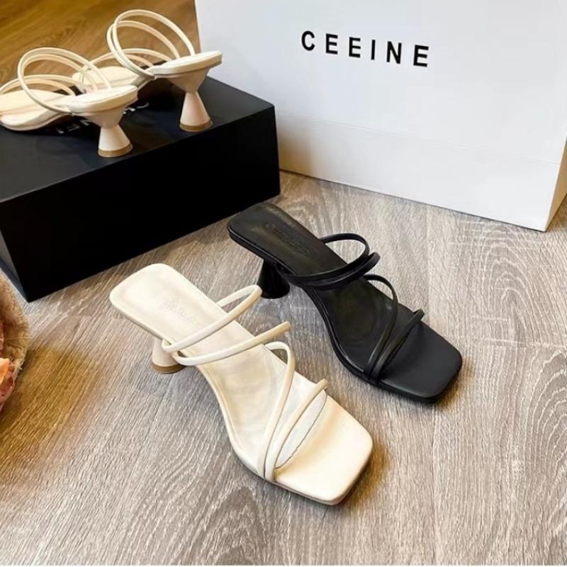 Fashion 2024 Summer New Women's High Heel Slippers Fashion Square Toe Grace Narrow Band Solid Casual Daily Slippers