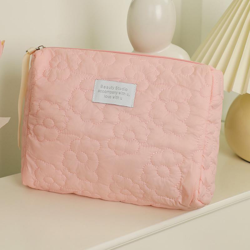 Quilted Cream Cloud Makeup Bag, Portable Handheld Cosmetics Storage, Large Capacity