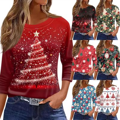 Women's T Shirt Christmas Print 3/4 Sleeve Daily Weekend Fashion Basic Round Neck Regular Top