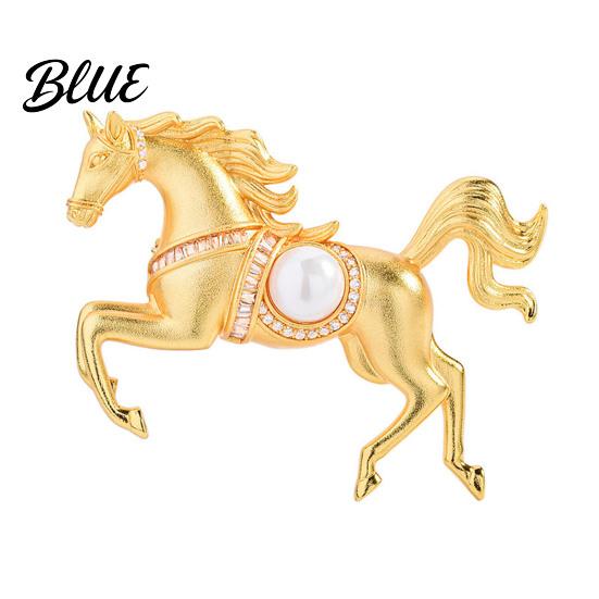Gold Horse Brooch Faux Pearl Lapel Pin Chinese Zodiac