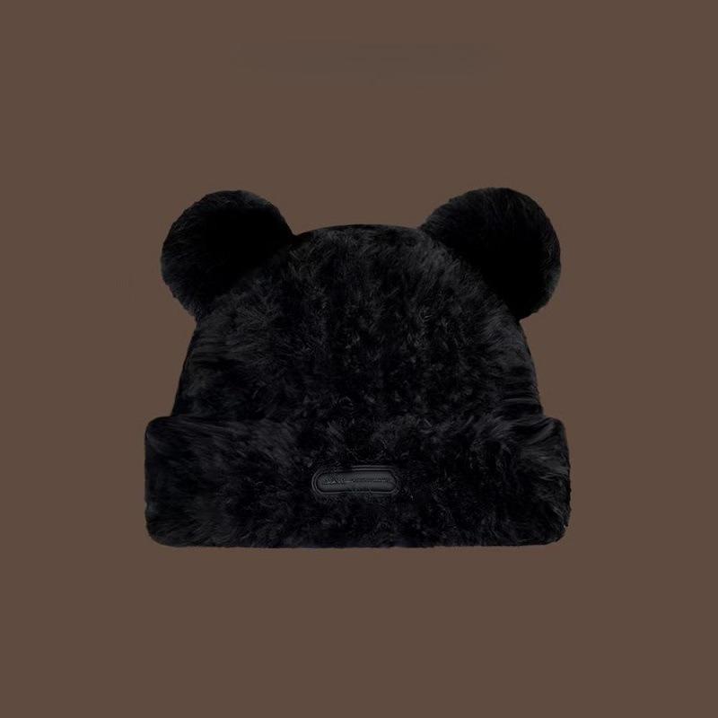 Brief Niedlich Kleine Bärenohren Einfarbig Weiche Plüschmütze Damenmode Winter Verdickt zum Warmhalten Ohrenschutz Gestrickt Mütze ohne Schirm