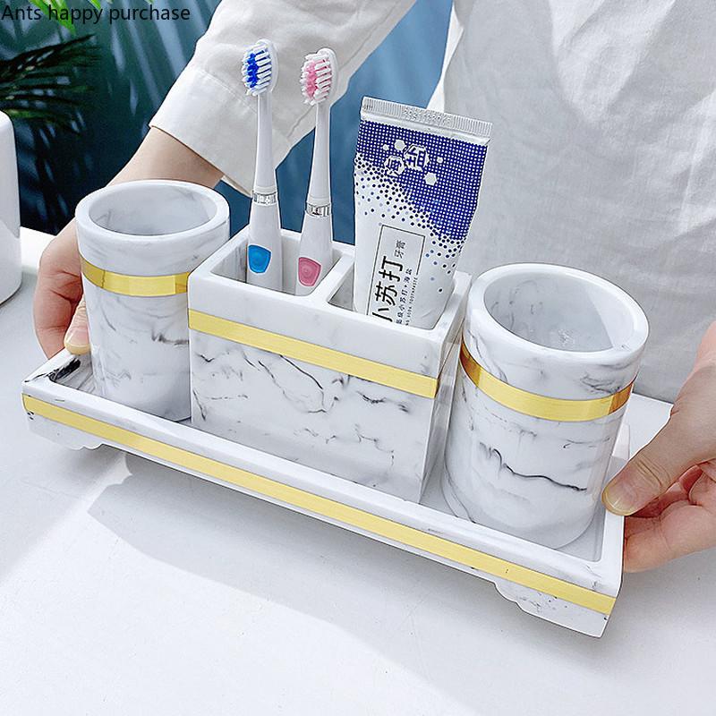 Σετ Μπάνιου Ρητίνης Είδη Τουαλέτας Επιτραπέζιο Σετ Πλυσίματος Σαπουνοθήκη Κύπελλο Στοματικού Διαλύματος Θήκη Οδοντόβουρτσας Μπουκάλι Λοσιόν Κύπελλο Αποθήκευσης Δίσκος Αποθήκευσης