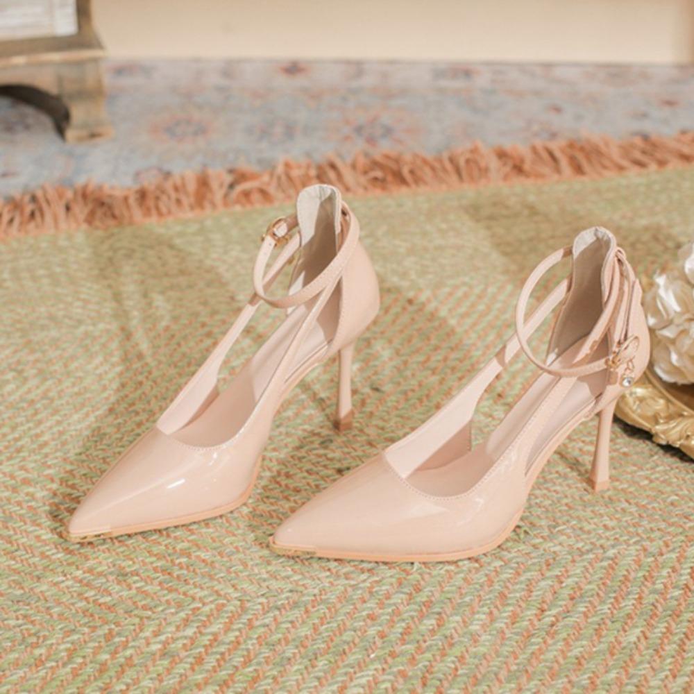 Heels for Ladies Thin Heel Pointed Metal Toe High Heels Women's Hollow Solid Color Patent Leather Commuter Work Shoes Women