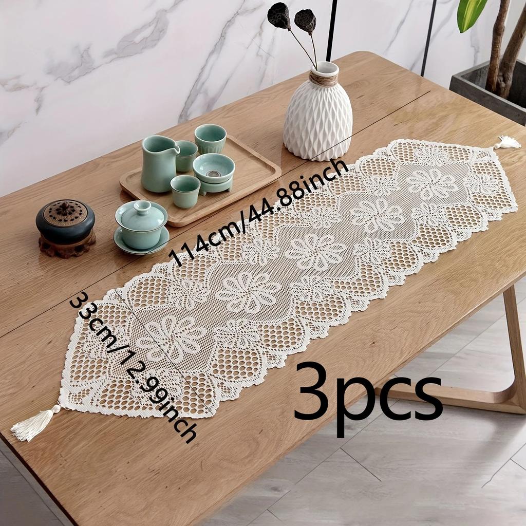 1pc/3pcs/5pcs-Polyester Table Runners, European Hollow Lace Table Cloth, Simple Style Solid Color Table Cover, Home Decoration