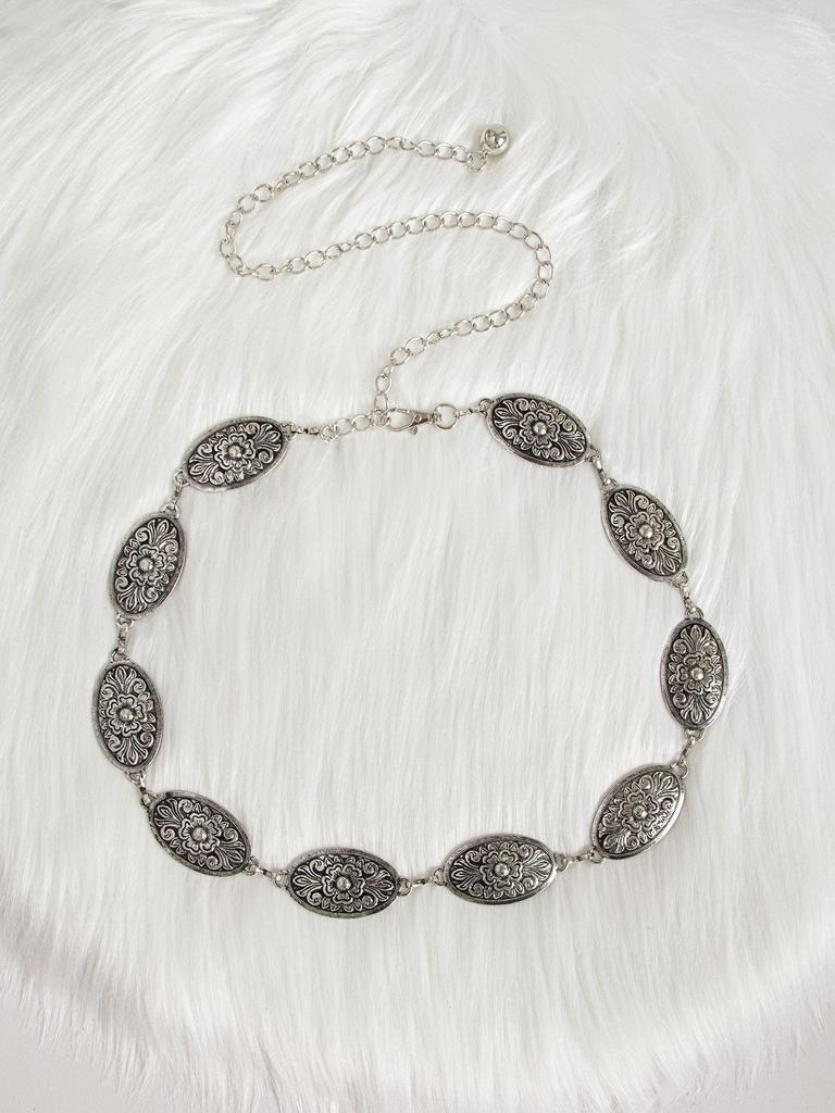 Retro Carved Metal Women's Waist Chain In Antique Silver Bronze with Western-Style Embossed Alloy Design
