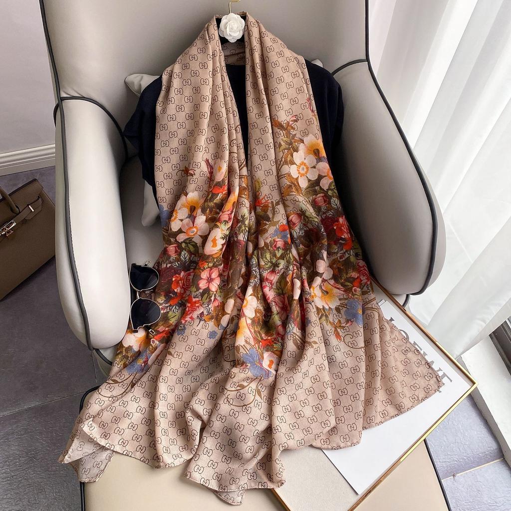 Splicing Ins Romantic Su Print Winter Color Matching Cotton And Linen Scarf Women'S Thin Shawl Beach Scarf