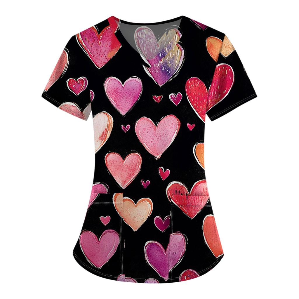 Damenmode V-Ausschnitt Kurzarm Overalls mit Tasche Valentinstag Bedruckte Oberteile Kleidung