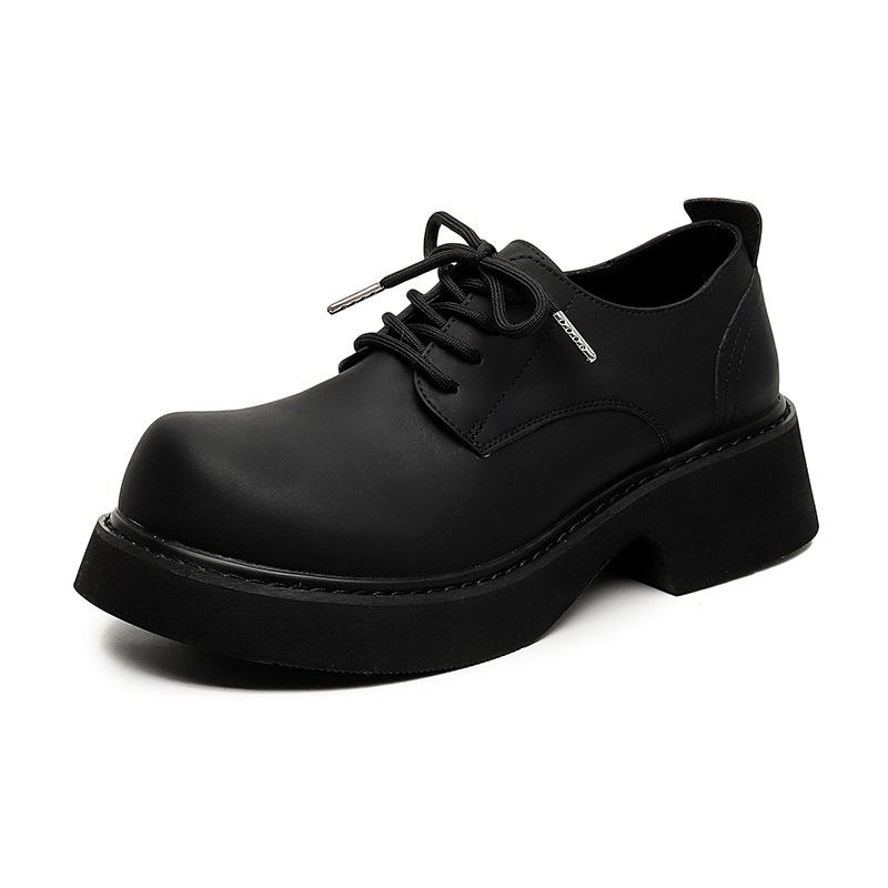 New Men's Black Casual Leather Shoes Big Head Mickey Derby Niche Low-top Thick-soled Heightening Men's Shoes 3208-A