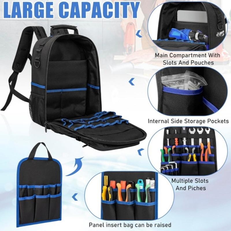 Heavy Duty Tool Backpack Wide Top Opening Multiple Exterior Pockets for Wrenches Screwdrivers Easy Access Organization