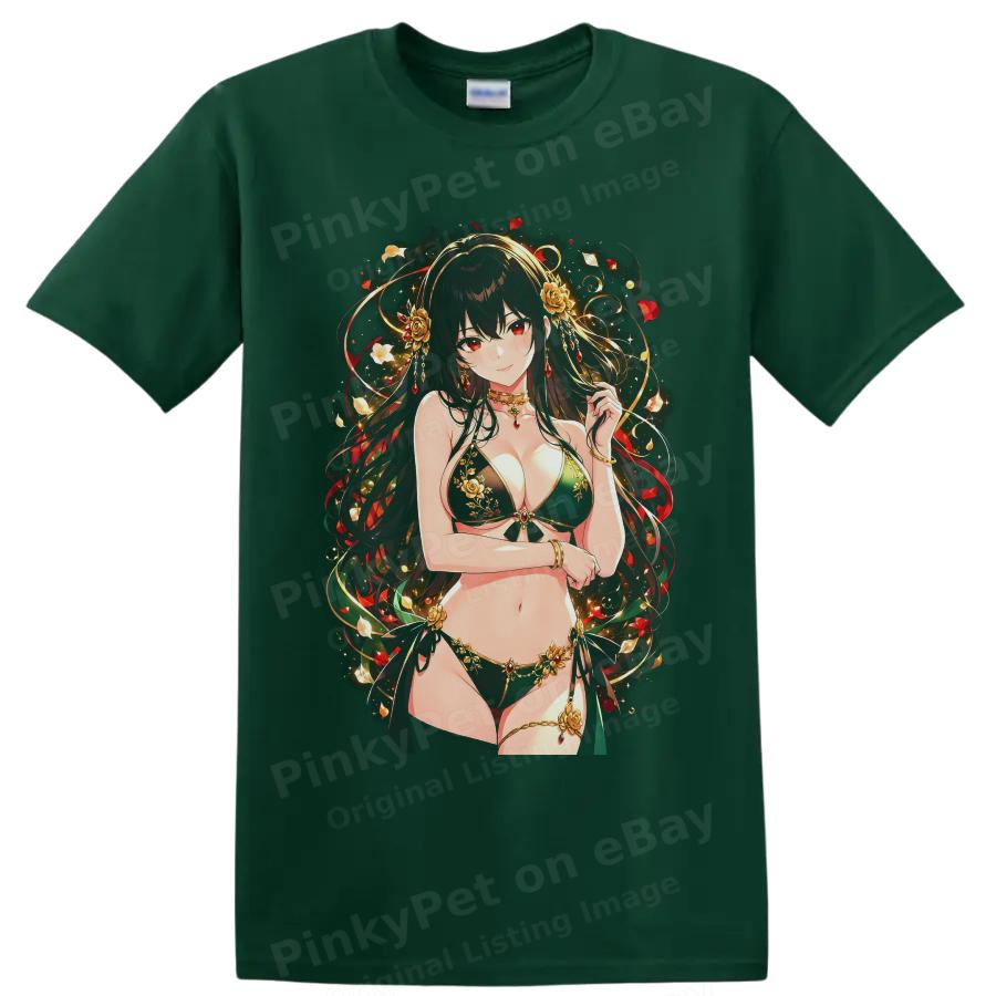 Anime Girl Bikini T Shirt Floral Rose Fantasy Glamour Art Graphic Tee Gift Top