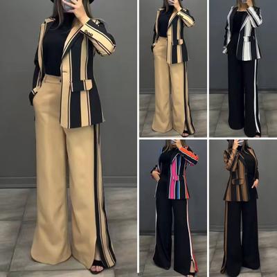 2 Pcs/Set Lady Formal Coat Pants Set Long Sleeves Colorblock Striped Lapel Cardigan Mid Length Jacket Slit Flared Leg High Waist Trousers Formal
