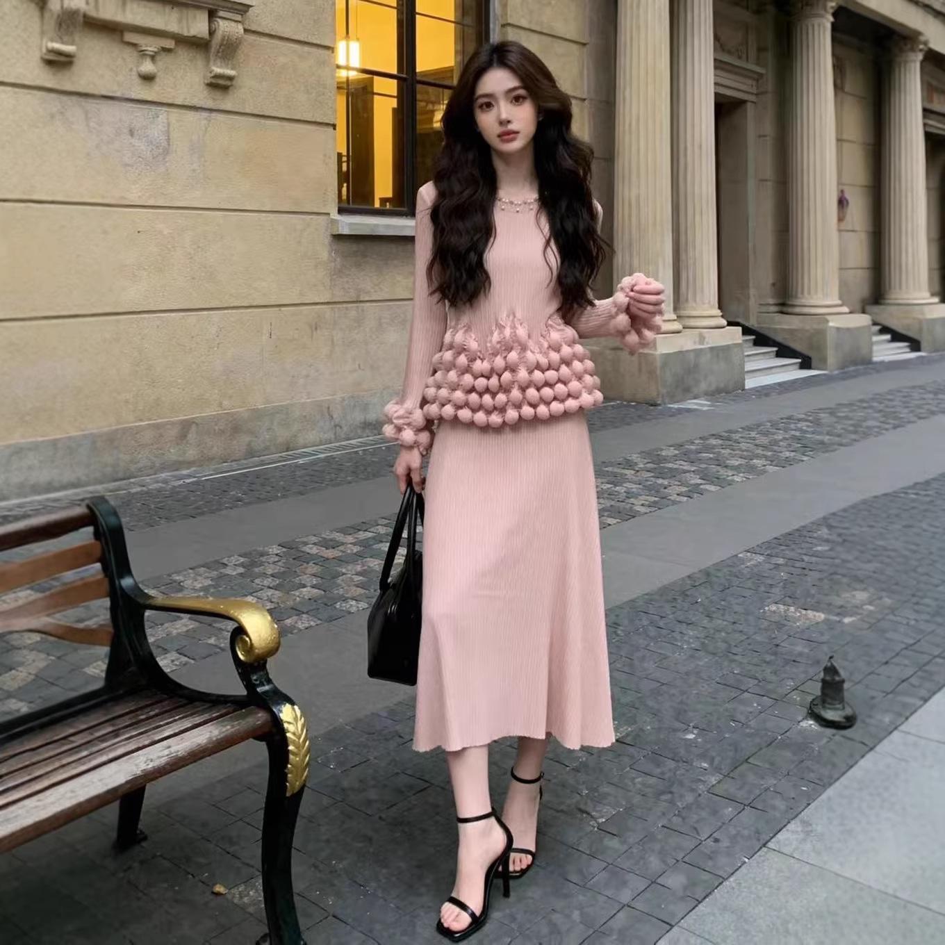 Design-Sense Faux Two-Piece Long Pleated Dress - Spring 2026 Collection, European  American Style One Size розовый