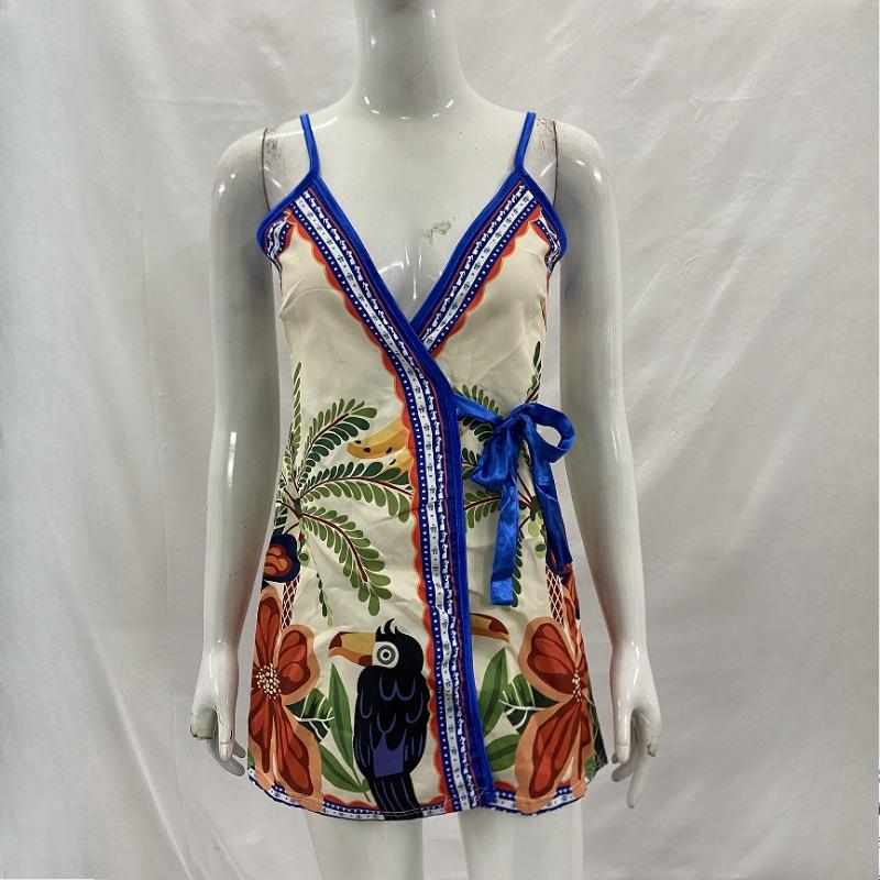 European and American summer trend slim fit retro tropical print sexy dress M