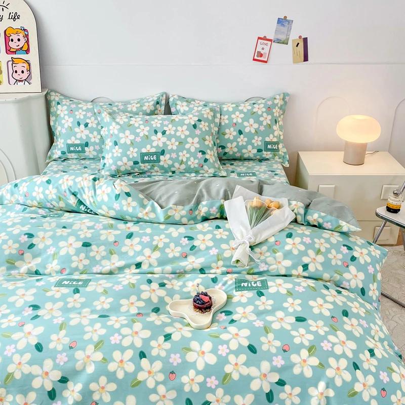 Floral Plants Duvet Cover Set 100% Cotton 3Pcs Blue Quilt Cover with 2 Pillowcases Skin-friendly Soft Bedding Set for All Season