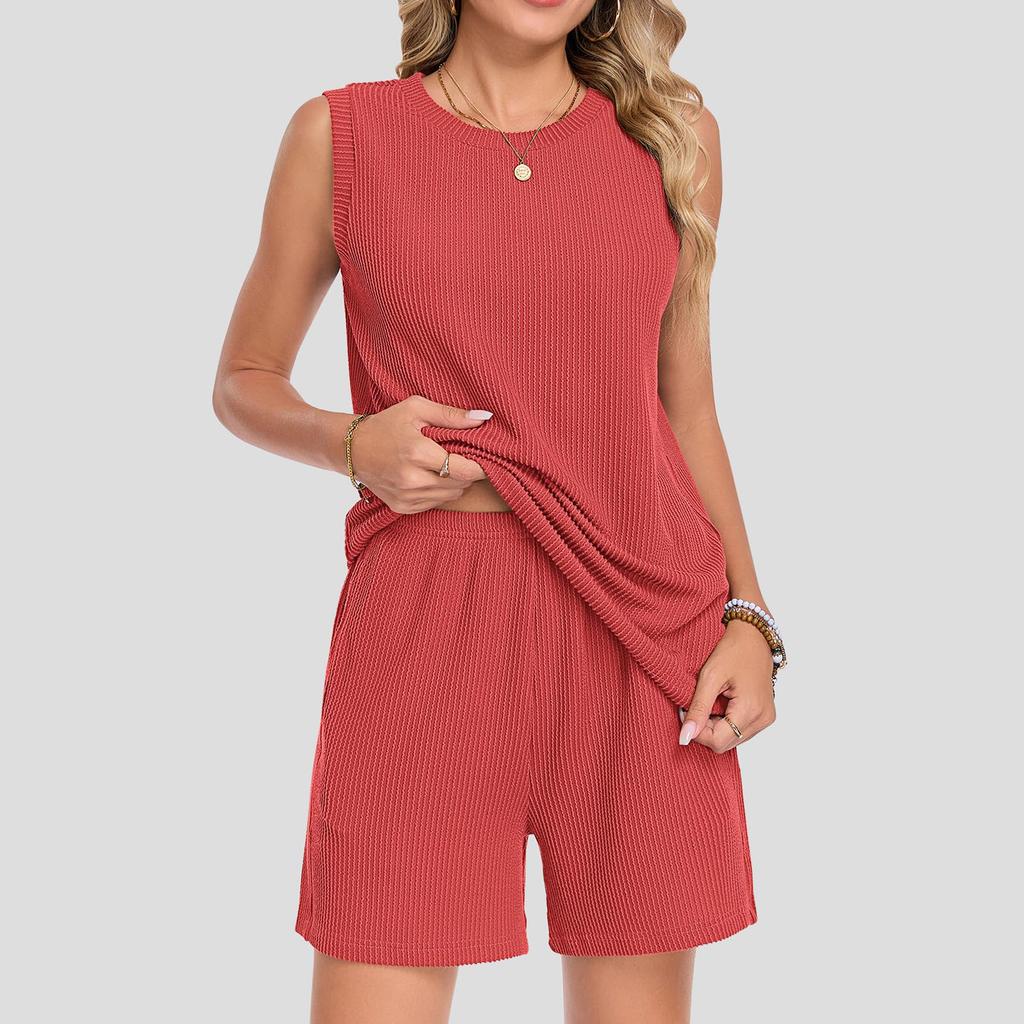 Women Sleeveless Crew Neck Tank Top and Shorts Set with Pocket Relaxed Fit Two Piece Outfits for Daily Wear