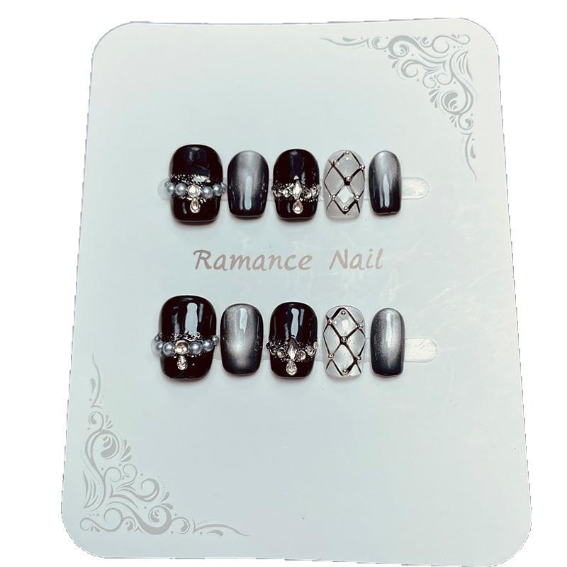 

Exquisite Black Pearl & Diamond Grid Starry Sky Short Wearable Nails - Handmade, Dazzling Daily Wear Nail Tips Extra Small XS