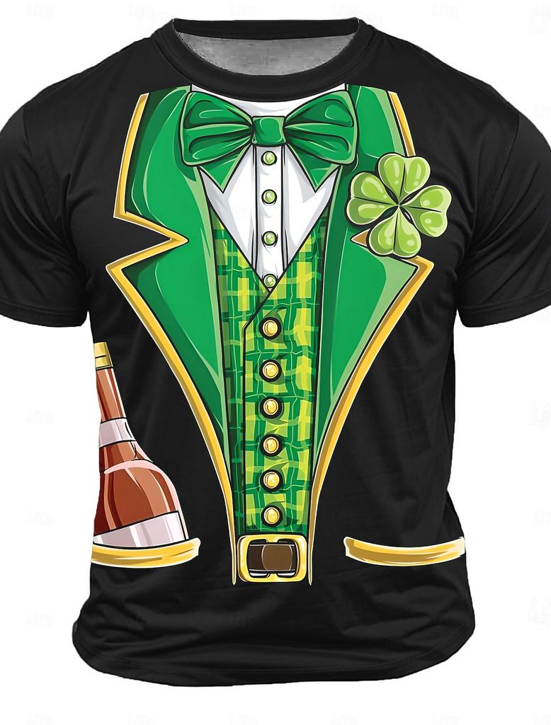 2025 St. Patrick Men's Shamrock Tuxedo T Shirt Short Sleeve T shirt 3D Print O-Neck Shirt Green Summer Spring Clothing Apparel
