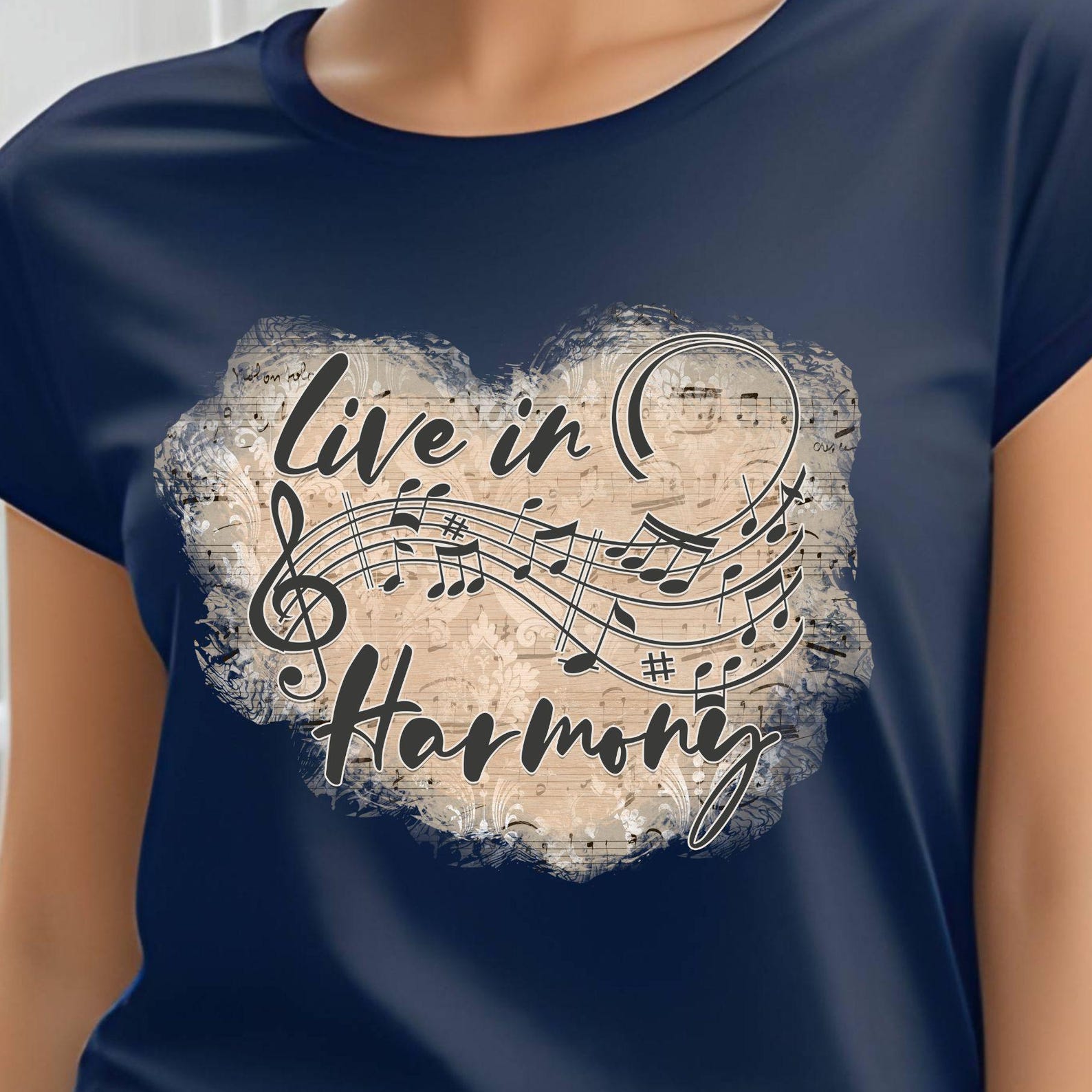 Live in Harmony music notes tee | Musical heart design, music staff, 8 colors S