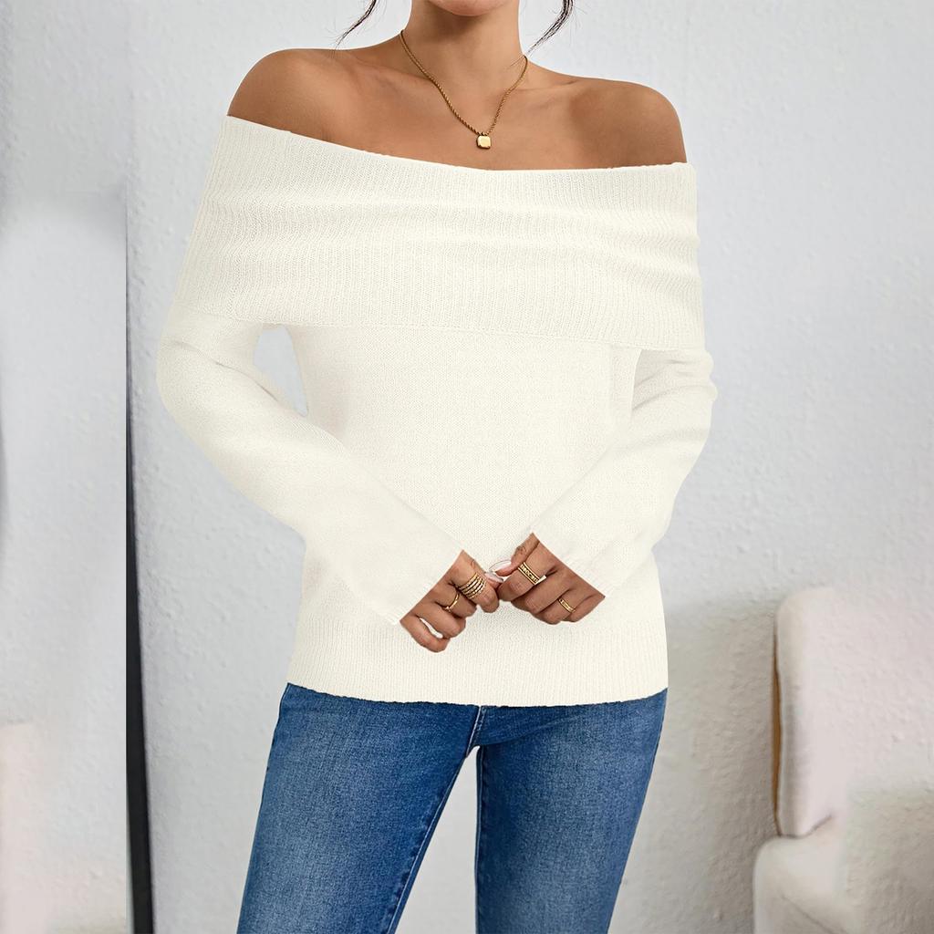 Women -color One-shoulder Slim And Fashionable Long-sleeved Knitted Sweater Top