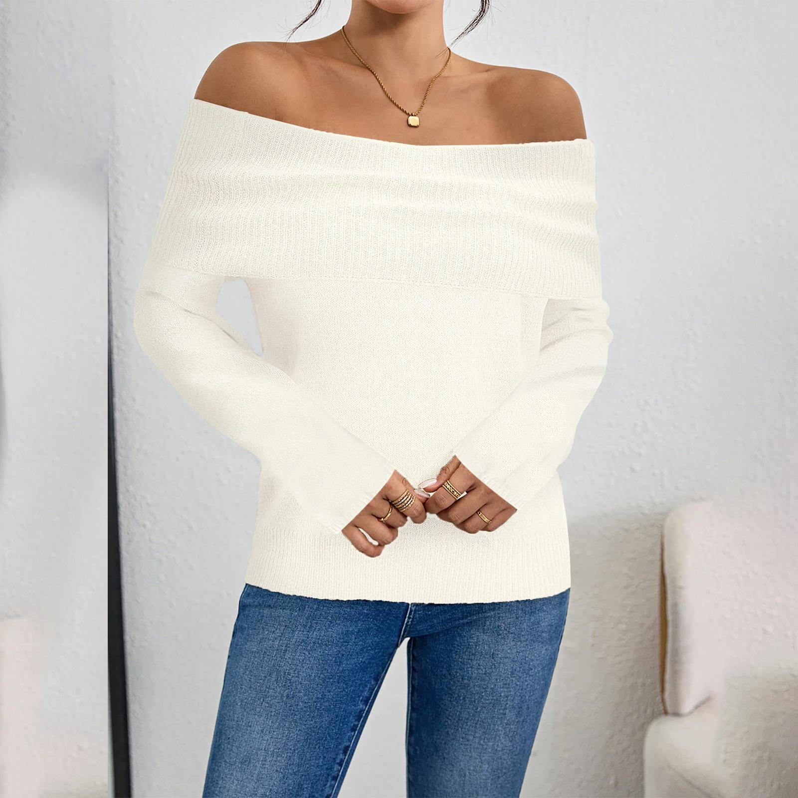 

Женский однотонный трикотажный свитер с длинным рукавом на одно плечо, прилегающий и модный XL белый