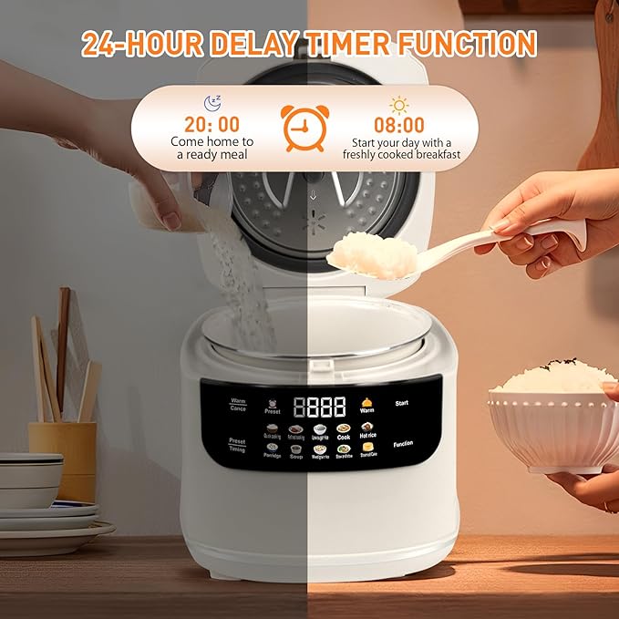2L Rice Cooker Heating Lunch Coating Pot Cookware Slowcooker with Fast Heating Steamer 24H Timer 8H Warming Function for Travel