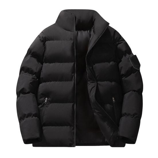 Men Cotton Coat Stand Collar Long Sleeve Zip-up Thickened Cotton Jacket with Side Pockets Solid Color Thickened Winter Quilted Coat