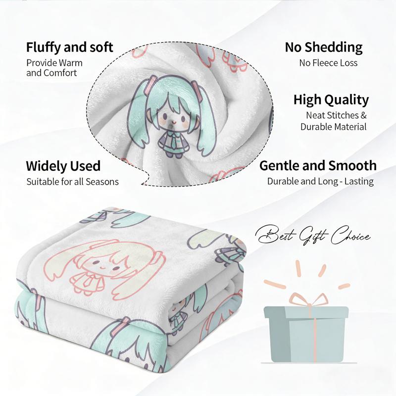 Hatsune Miku Pastel Chibi Print Flannel Throw Blanket Bedroom Decor Cute Anime Nap Blanket Air Conditioner Throw Sofa Throw Cove