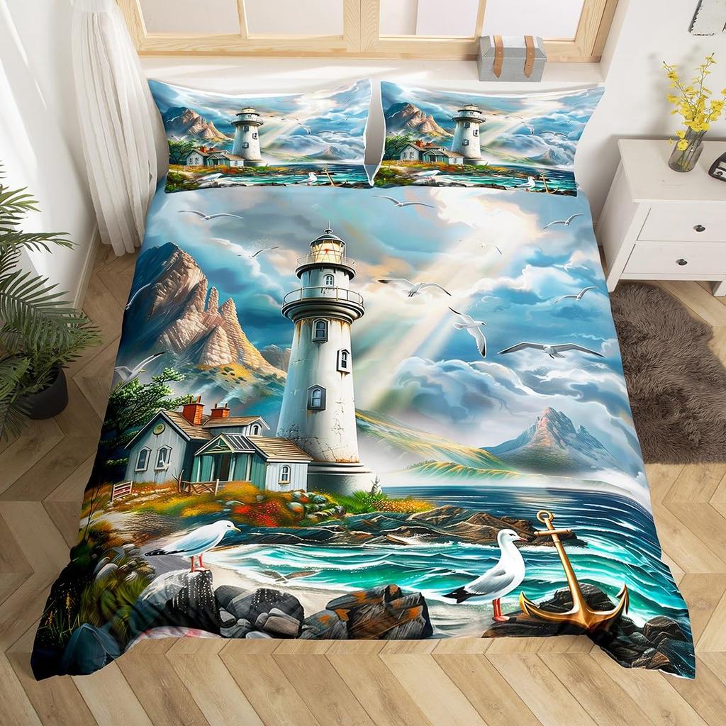 Ocean Beach Duvet Cover Full Lighthouse Comforter Cover Floral Butterfly Bedding Set for Adults Kids Summer Vacation Quilt Cover