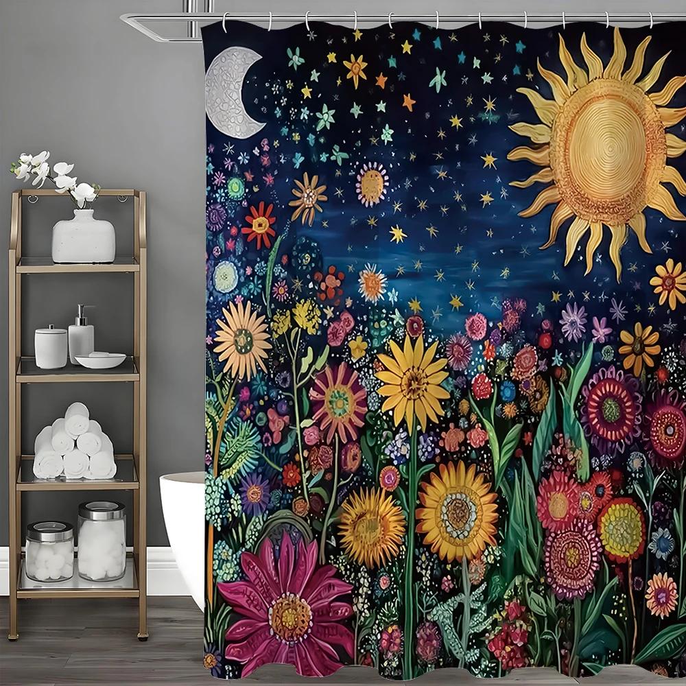 Sol Måne Stjärna Blomma Duschdraperi, Dekorativt Duschdraperi för Badrum, Vattentätt Duschdraperi med Krokar