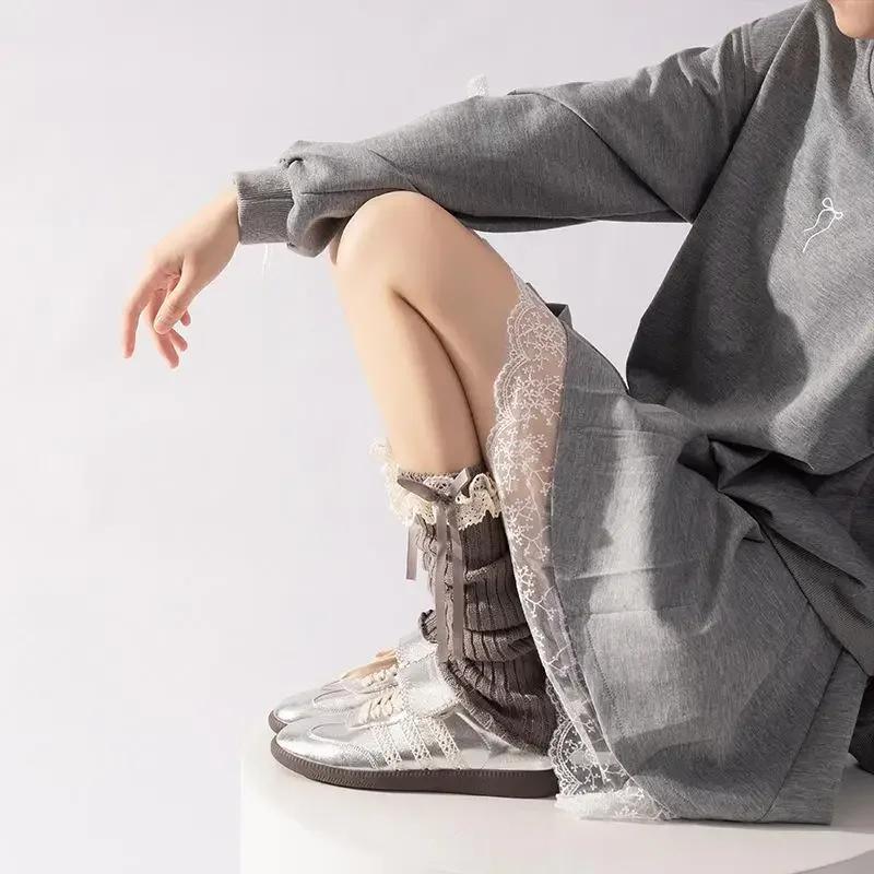 Autumn Winter Leg Warmers Woman Lolita Lace Bowknot Knitted Socks Girls Knee Warmers Long Stockings Warm Foot Cover Boot Socks