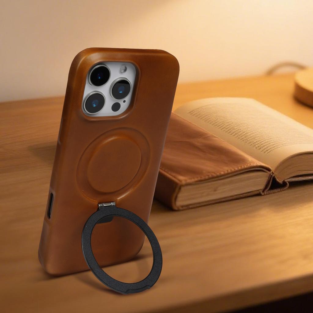 Stand Bracket Genuine Leather Case For iphone 16 Pro Max 16e 15pro 14 13 12 11 Full Wrapped Phone Cases Cover+Magnetic Holder