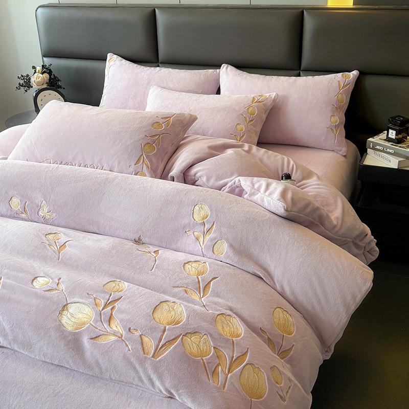 French light luxury milk fleece four-piece set, winter new fleece thickened high gram weight double-sided fleece bed sheet quilt cover kit
