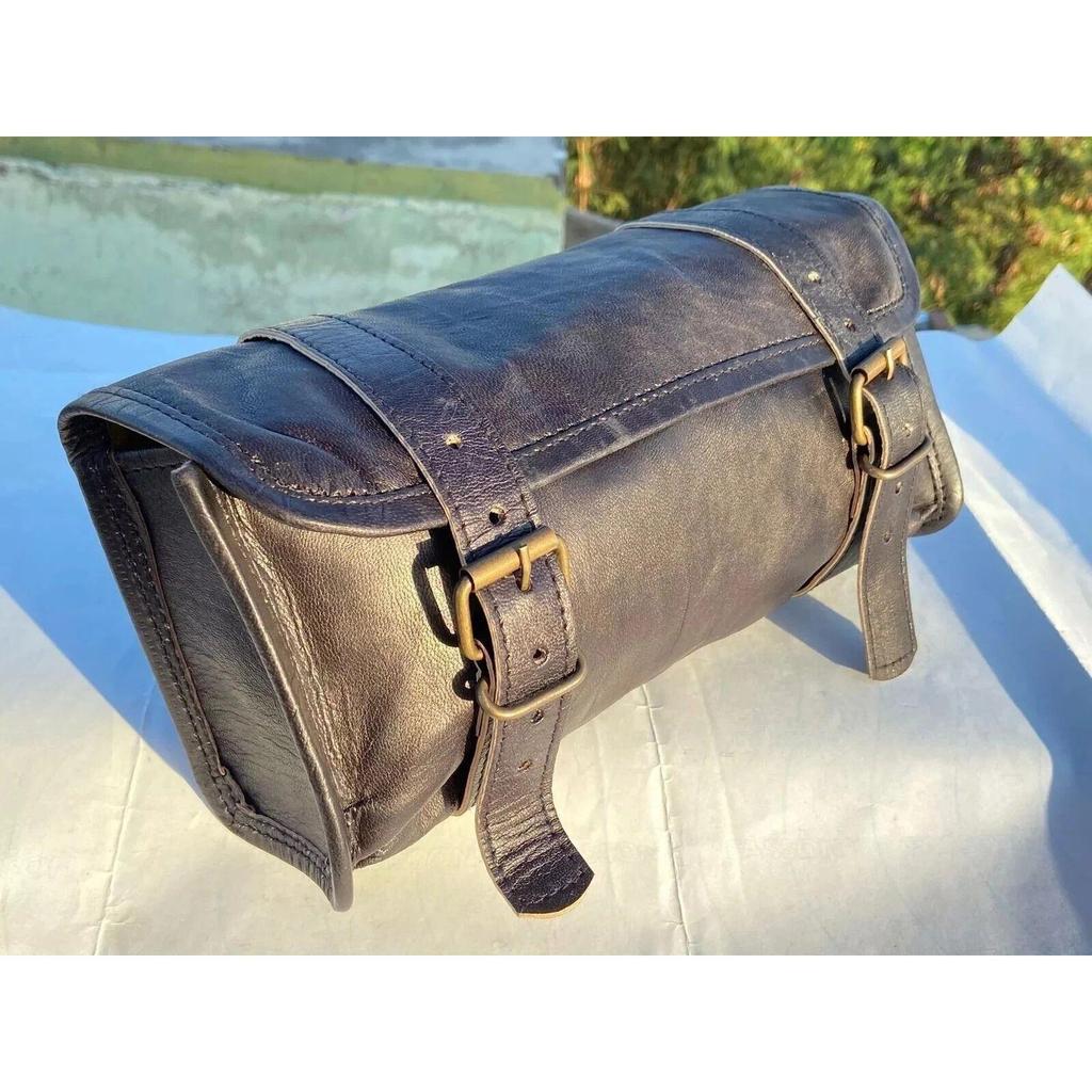 Motorcycle Bag Leather Tool Strap Genuine Goat Buckle Closure Vintage Universal