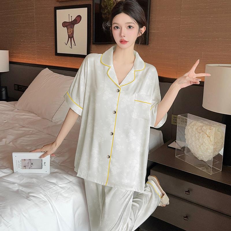High-Value Simple Solid Color Flower Jacquard High-End Ice Silk Pajamas Women'S Loungewear Short-Sleeved Trousers Set