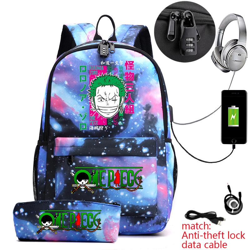 One Piece Zoro Print Anti Theft School Backpack Student Bookbag with Pen Case for Kids Teens