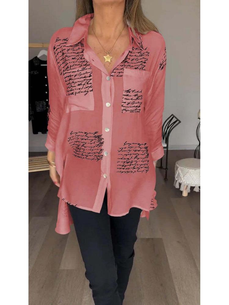 Womens Fashion Loose Swallowtail Shirt Sexy Print Spring Summer European American Style S ярко-розовый