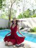 French Sexy Red Collar Neck Dress Women's Seaside Vacation Beautiful Backless Beach Skirt Summer
