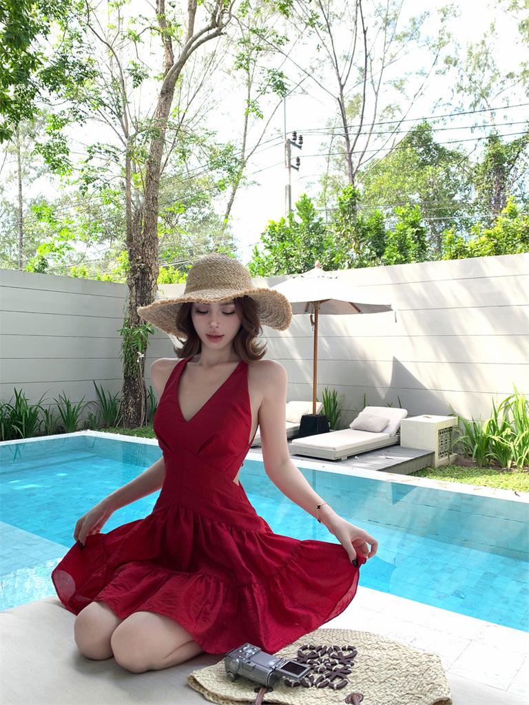 French Sexy Red Collar Neck Dress Women's Seaside Vacation Beautiful Backless Beach Skirt Summer