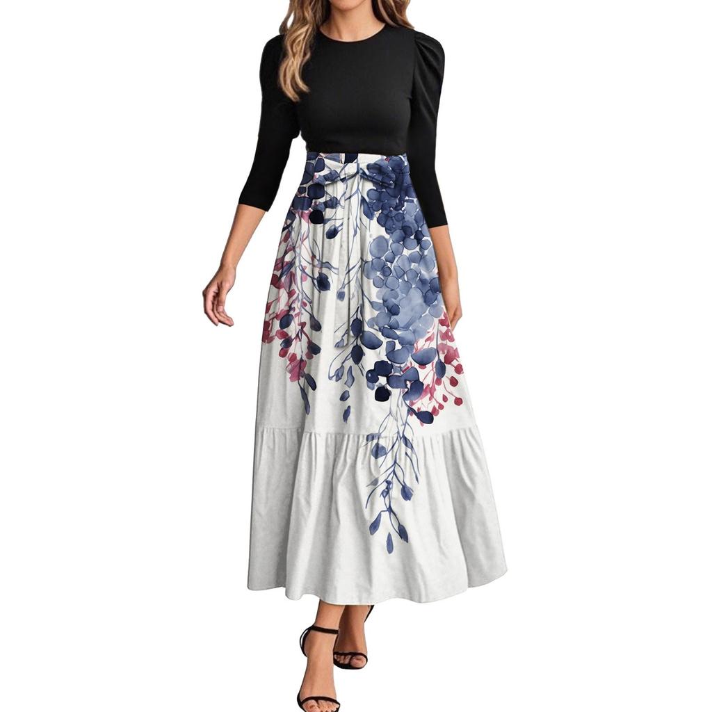 Women's Fashion Casual Belt Round Neck Floral Stitching Elegant Temperament Three-quarter Sleeve Dress