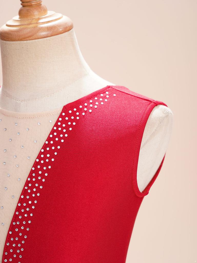 Girls Sparkly Rhinestone Fringed Leotard Sleeveless Figure Skating Bodysuit Rhythmic Gymnastics Dance Performance Costume with Tassel Details