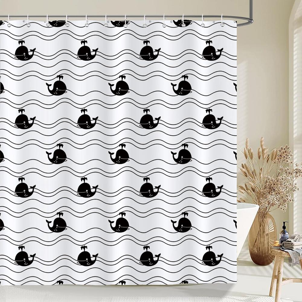 Black and White Simple Cartoon Shower Curtain Washable Polyester Bathroom Curtains Decor Bathtub Partition Curtain With Hooks