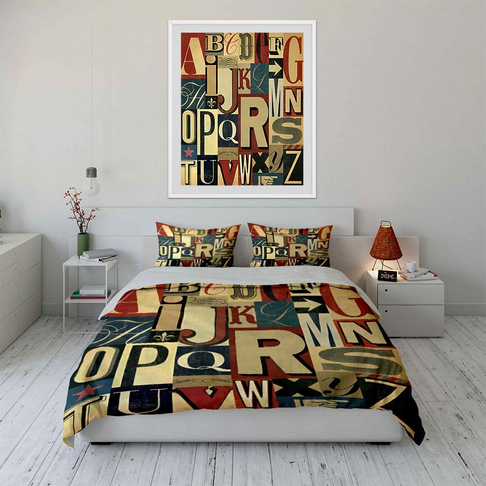 Vintage Typography Alphabet Bedding Duvet Cover Set Duvet Cover Pillowcases  (1*Duvet Cover 2*Pillowcases, Without Duvet Insert)