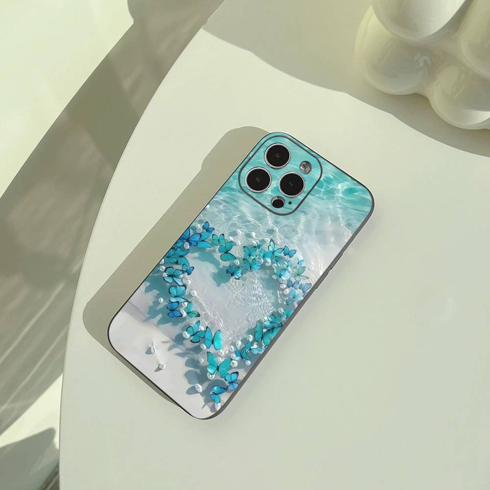 Blue Butterfly Ocean wave  Phone Case For iPhone 17,16,15,14,13,12,11 Pro Max,16/15/14Plus,XS Soft Black Cover