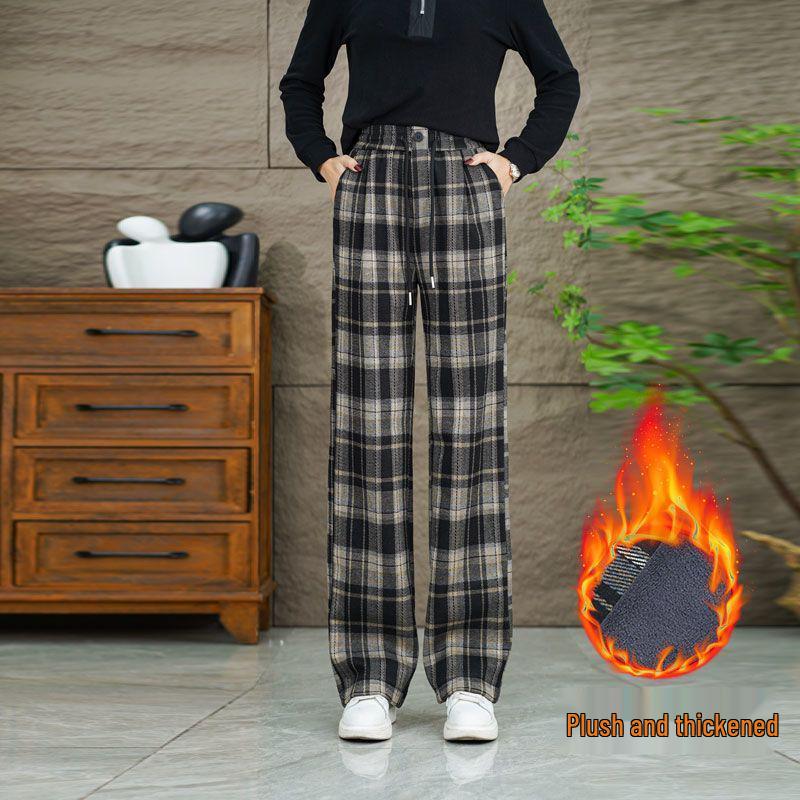 Plus Size High-Waisted Plaid Wide-Leg Pants: Fleece-Lined or Unlined, Autumn/Winter Edition