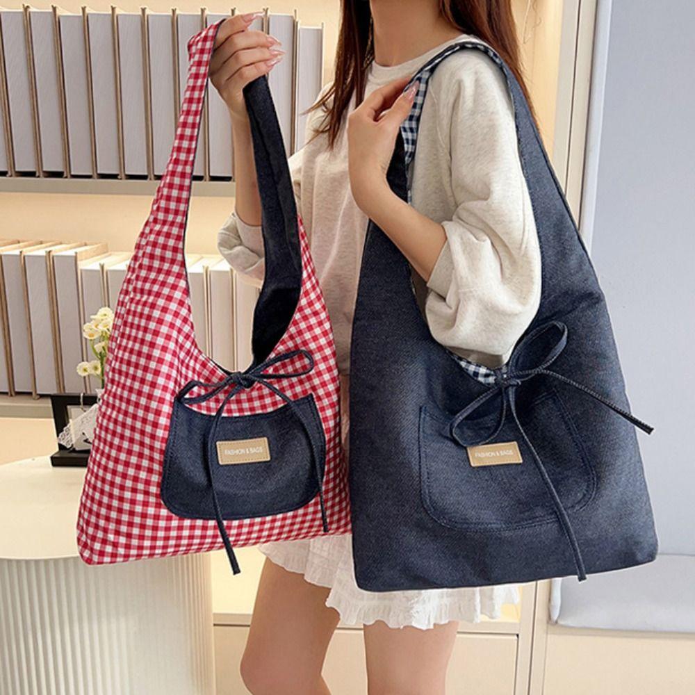 Cloth Denim Shoulder Bag Japanese Style Canvas Tote Bag Double Sided Plaid Denim Vest Bag Travel