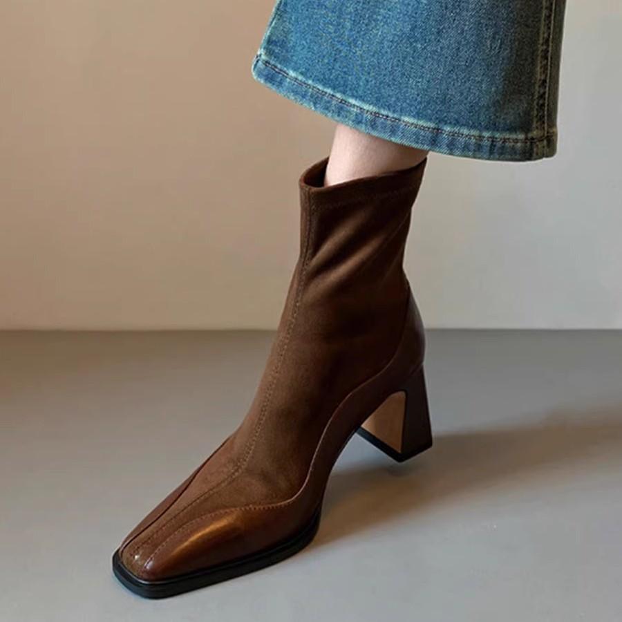 Cowhide~ Genuine leather short boots women's new autumn and winter thick heel Martin boots Chelsea thin boots French high heels autumn and winter