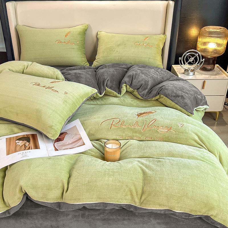 Coral Fleece Milk Velvet Winter Bedding Set: Thickened Embroidered Duvet Cover and Bed Sheet for Dorms.