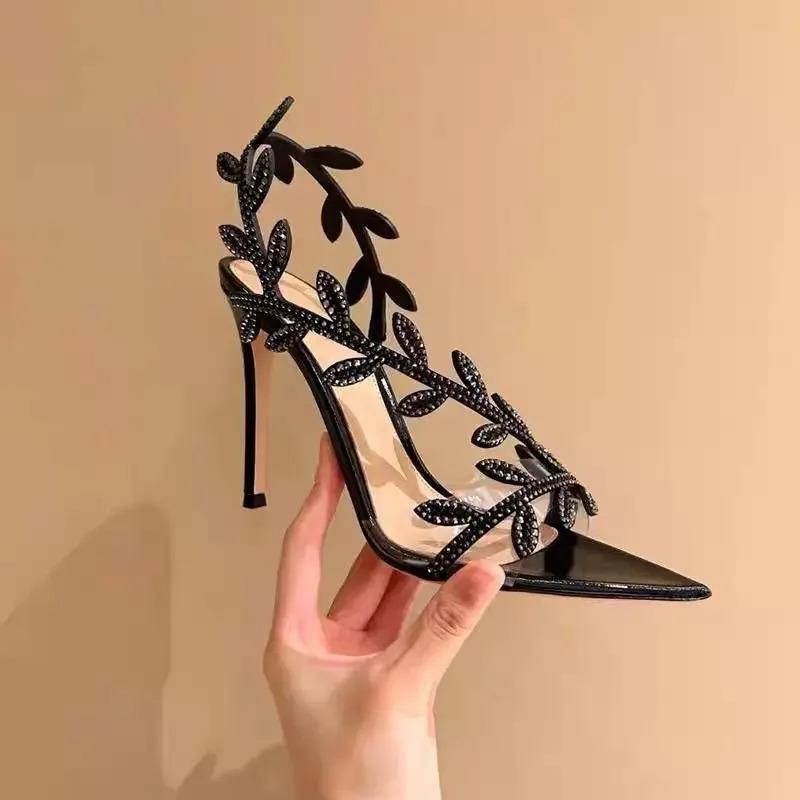 

Fashion Summer New 2025 Golden Branches and Jade Leaves High Heels Black Pointed Tip Sexy French Sandals Open-toed Stiletto Tip 35 чёрный